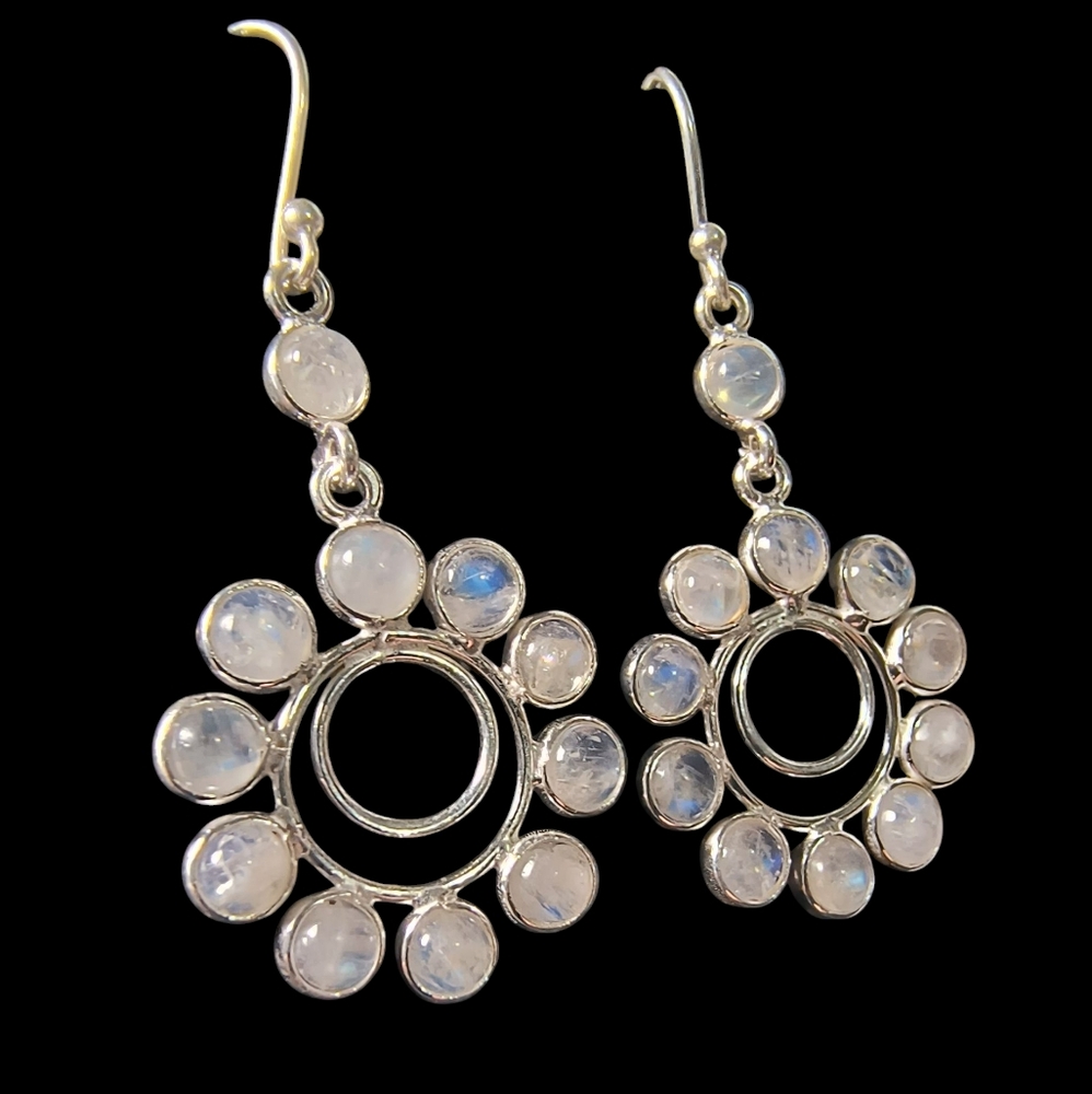 Rainbow Moonstone And Sterling Silver Artisan Flower Earrings - Picture 2 of 8